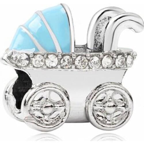 Simple Style Crystal Silver Color Cute Baby Carriage Beads Fit Pandora Charms for Women Birthday Gift DIY Jewelry