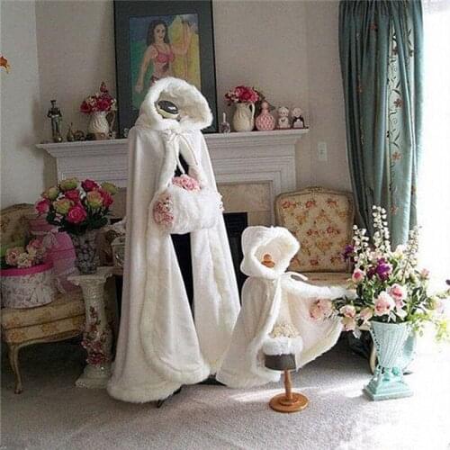 Wedding Cloak Winter Faux Fur Cloaks Hooded Wedding Wraps White Floor-Length Fur Bridal Overcoats Warm For Winter