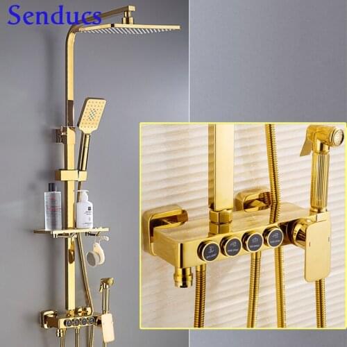 Thermostatic Digital Gold Bathroom Shower System Brass Antique Bathroom Shower Faucet Set Hand Held Copper Douche
