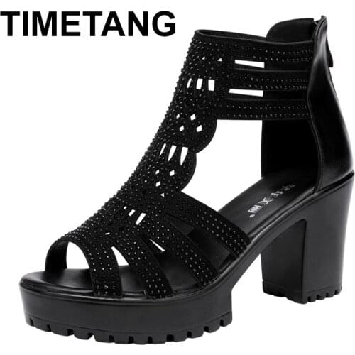 TIMETANG Small Plus Size 32-43 Open Head Sexy Rivet Block Heel Platform Shoes Summer 2021 Back Zip High Heels Gladiator Sandals
