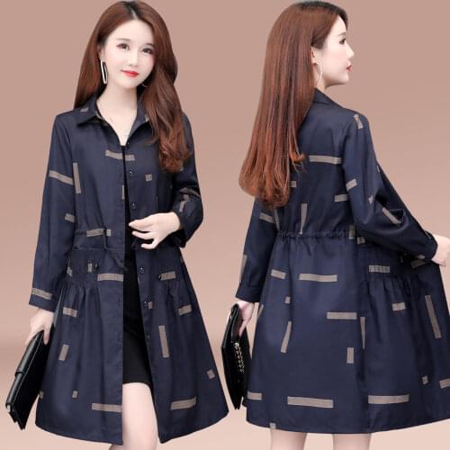 Large size Printed Windbreaker Women 2021 Spring Autumn New Middle-aged Mothers Slim Long Coat All-match Casual Female Outwear