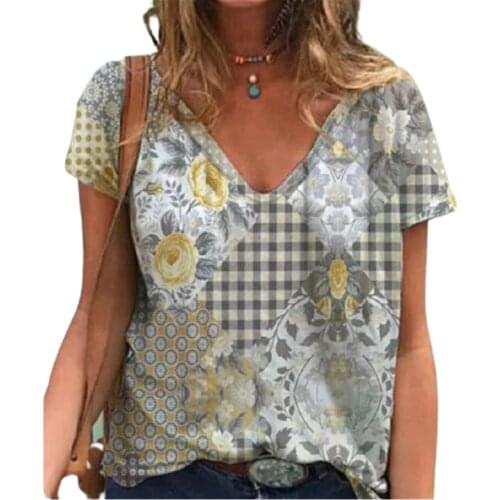 2021 New Women Plant Flower Print T Shirt Summer Short Sleev V-Neck Streetwear Tops Casual Loose Oversized Fashion Ladies Shirt