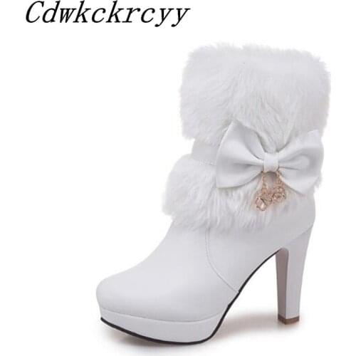 Women Boots Autumn and winter New style Sweet princess High-heeled Short boots Cashmere Keep warm Bow Women Boots size 34-43