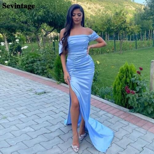 Sevintage Blue Mermaid Satin Evening Dresses Long Slit Side Off the Shoulder Sweep Train Prom Dress Women Special Occasion Gowns