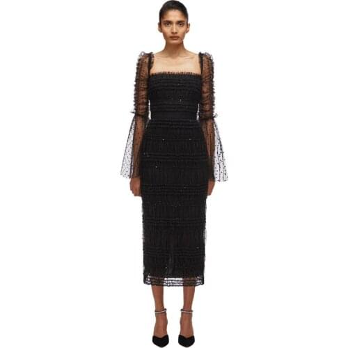 Free Shipping Wholesale Womens Dress Black Lace Long Sleeves Sequins Mid-Length Sexy Celebrity Cocktail Party Bandage Dress