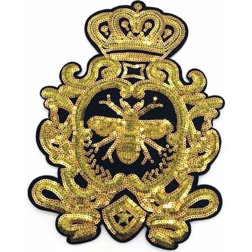 1pcs New Gold Sequins Crown Bee Patches Embroidery Applique Sew on Clothes Craft 240*170mm
