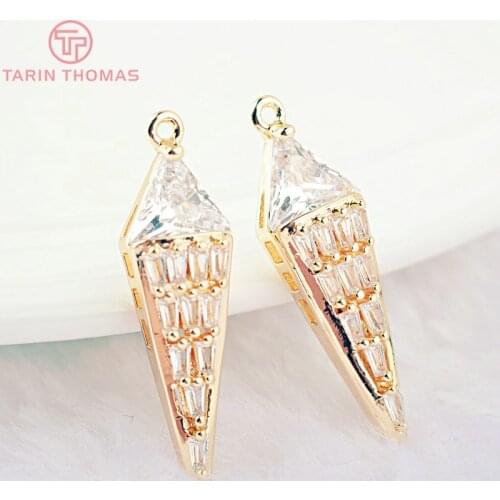 2PCS 29x8MM 24K Gold Color Plated Brass with Zircon Rhombus Charms Pendants DIY High Quality Diy Jewelry Accessories