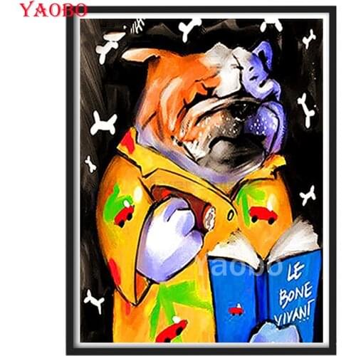 Diy Diamond Embroidery Complete Kit Funny bulldog reading book 5D Diamond Painting Mosaic Modular Pictures Home Decoration