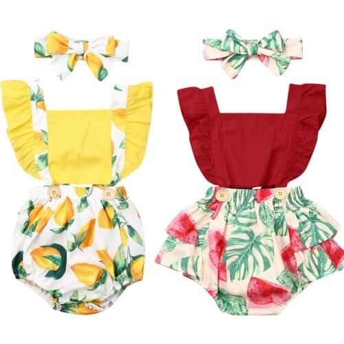 Newborn Infant Baby Girl Floral Bodysuit Ruffles Short Sleeve Print Jumpsuit Headband Outfit Clothes