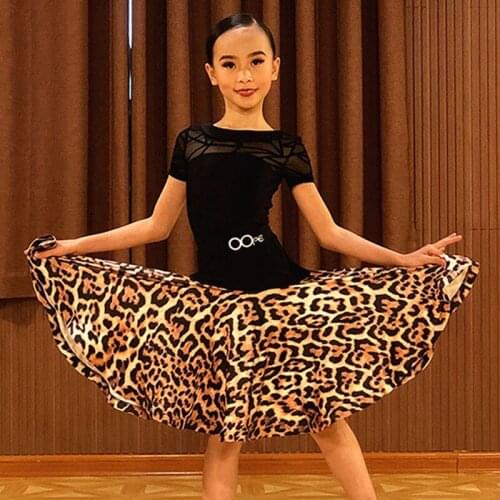Children Dance Clothes Girls Latin Dance Tops+Skirt Short Sleeve Samba Costume Cha Cha Leopard Skirt Practice Wear Suit BL5603