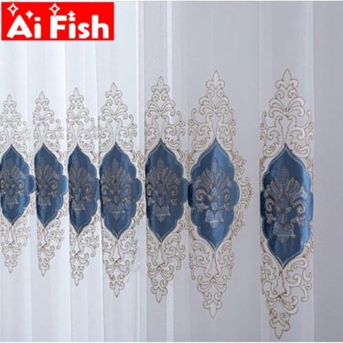 European Style Blue Velvet Embroidered Window Screen Tulle For Bedroom Luxury Coffee Drape Voile Curtains For Living Room M160#5
