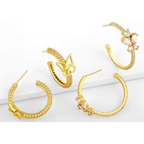 EYIKA Exquisite Gold Plated C Shape Shiny Crystal Zircon Butterfly Stud Earrings for Woman Elegant Holiday Party Fashion Jewelry