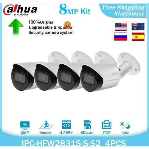 Dahua 8MP IP Camera IPC-HFW2831S-S-S2 4K POE SD Card H.265+IVS IP67 CCTV Outdoor Starlight Mini Bullet Video Camera 4pcs