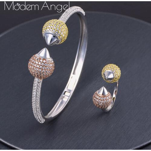 MoonTree Luxury Big Ball Cubic Zircon 3Tone Color Bangle Ring Set Fashion Jewelry Sets Women Brand Bijoux Wide Bangle Ring Sets