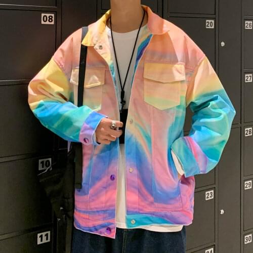 Male Harajuku Jacket Coat Streetwear Men Rainbow Tie Dye Denim Jackets 2021 Autumn Mens Japanese Baggy Jeans Oversized