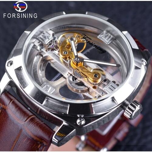 Forsining Fashion Silver Two Side Transparent Design Only Official Limited Mens Watch Skeleton Wristwatch Brown Genuine Leather