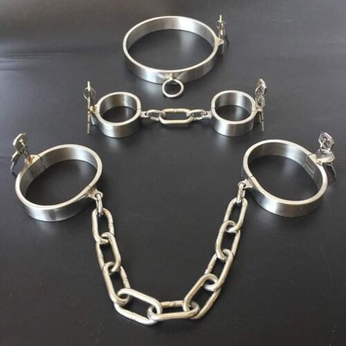 Stainless Steel Metal Restraints Slave Collar Hand Ankle Cuffs 3pcs/Set Sex Games For Adults Restraints Fetish BDSM Bondage Kit
