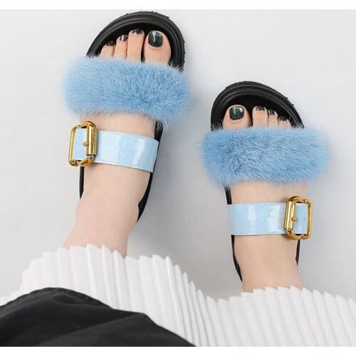The New Cool Slippers In 2021 Real Mink Fur Collocation With Metal Buttons Simple Fashionable Versatile Slippers