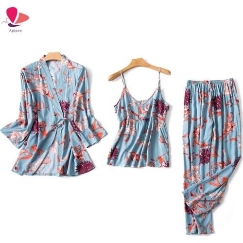 Silk Pajama Set Women 3 Piece Set Sleep Lounge Fashion Spaghetti Strap Satin Sleepwear Print Long Sleeve Night Suit