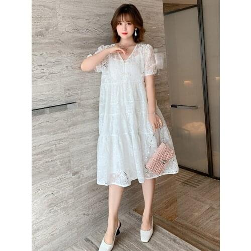 High quality Nail bead button V - neck hollow yarn dress with embroidered perspective harness new women summer