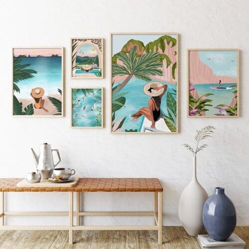 Beach Pool Asian Women Travel Tropical Jungle Wall Art Canvas Painting Posters And Prints Wall Pictures For Living Room Decor