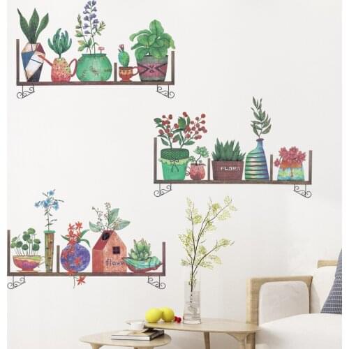 Green Plant Pots Wall Stickers Living Room Decoration Teen Aesthetic Posters on The Wall Shelf Decals Home Decor