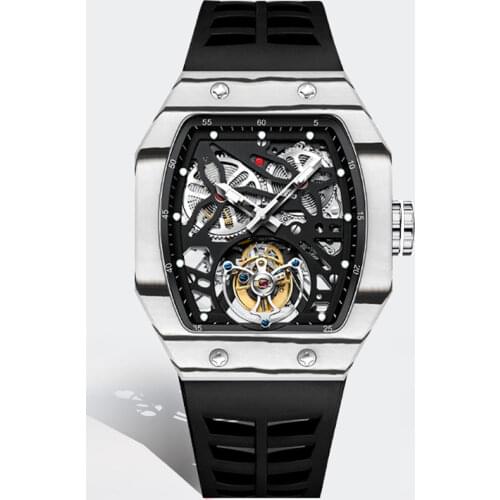 Montre homme luxe grande marque skeleton watch automatic movement touneau case yellow silicone strap skull head design