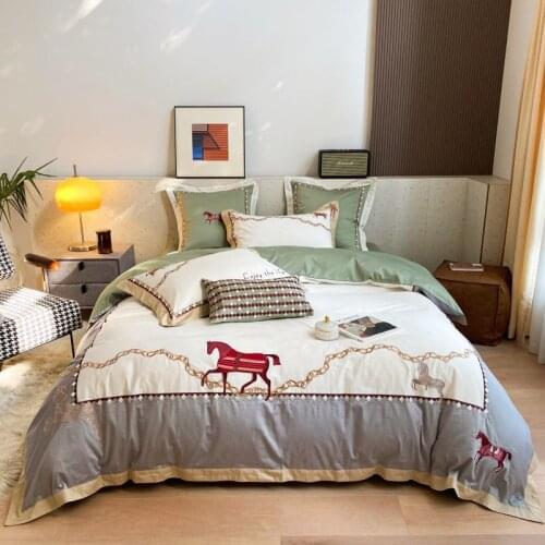 Luxury 1000TC Egyptian Cotton Horse Embroidery Bedding Set Queen King Duvet Cover Quilt Cover Comforter Set Bed Linen Pillowcase