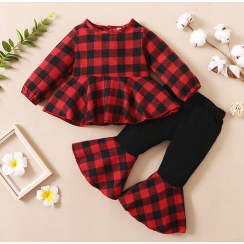 2Pcs Christmas Little Girls Clothes Set Sweet Style Plaid Long Sleeve Round Collar Flouncing Hem Tops + Bell-bottomed Pants