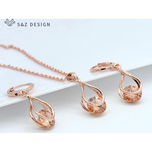 S&Z Classic AAA Round Cubic Zirconia Spiral 585 Rose Gold Dangle Earrings Jewelry Set For Women Girl Fine Party Fashion Jewelry