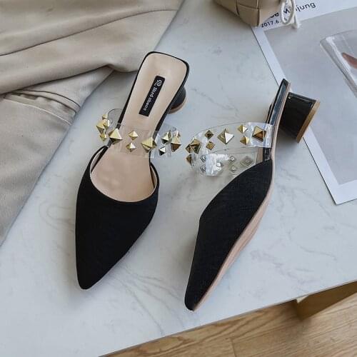 LLOGAI 2021 Spiked Flat-soled Slippers Summer New PVC Style Slippers Female Retro-style Slippers with Rough Heels and Low Heels