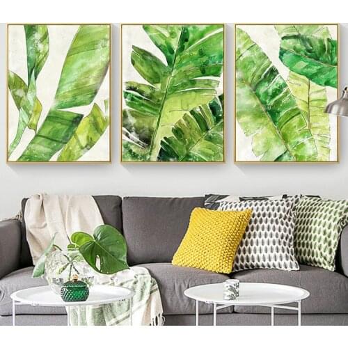Nordic Tropical Banana Leaves Watercolor Canvas Art Painting Green Foliage Summer Landscape Wall Picture for Living Room Decor