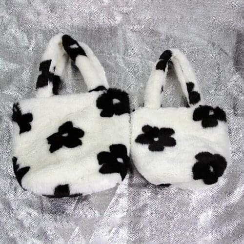 Sweet Girls Cute Flower Fur Bags Women Winter Plush Bag Harajuku Cool Street Fluffy Zebra Handbag Chic Party Club Mini Bag Femme