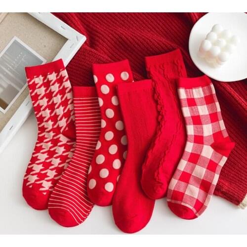 Yishine 12 Pairs Classic Red Wave Point Plaid Obscure Cotton Comfortable Unisex Casual Sport Socks Middle-tube Sock