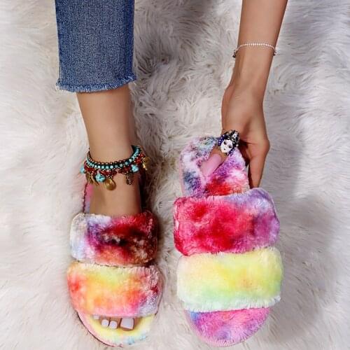 Women 2021 New Autumn and Winter Indoor Fuzzy Slippers Female Luxury Color Fluffy Slipper Ladies Soft Plush Home Flip Flops