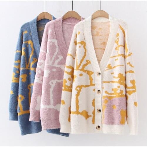 Cartoon Bear Jacquard Harakuju Knit Women Long Cardigan 2021 Winter Warm Thick Sweater Coat Girly Sweety Basic Knitted Outwear