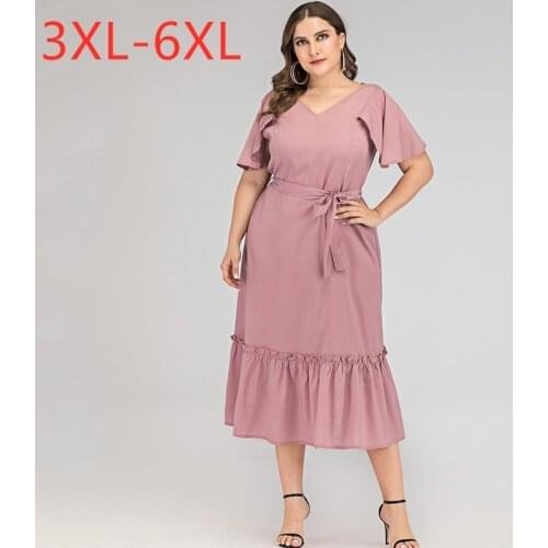New 2021 summer plus size midi dress for women large short sleeve loose casual V neck pink ruffle dress belt 4XL 5XL 6XL 7XL