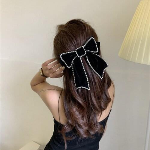 2020 Women Black Velvet Streamer Big Bow Buckle Clip Lady Shiny Rhinestone Chain Hair Hairpin