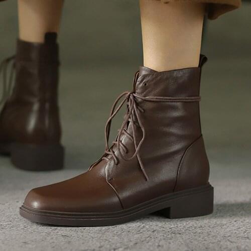 Cross-tied square toe natural leather warm platform preppy style 4cm med heels Hollywood superstar ankle boots DSHL14 MUYISEXI