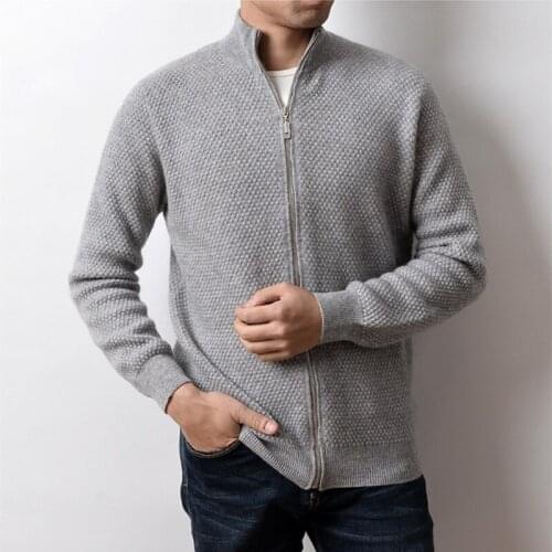 Pure goat wool cashmere pineapple grain knit men smart casual zipper cardigan sweater coat S-2XL