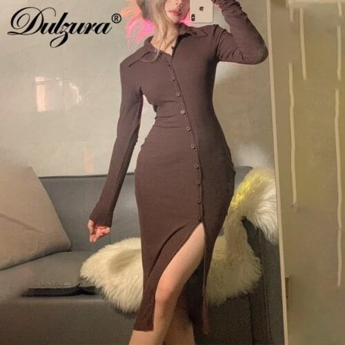 Dulzura 2021 Autumn Winter Women Solid Ribbed Long Sleeve Buttons Patchwork Midi Dress Slit Bodycon Sexy Streetwear Party Elegan