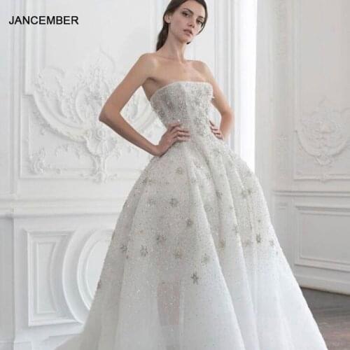 J67078 JANCEMBER Wedding Strapless Dress 2020 Chapel Train Illusion Tulled Beading Bridal Ball Gown Sleeveless
