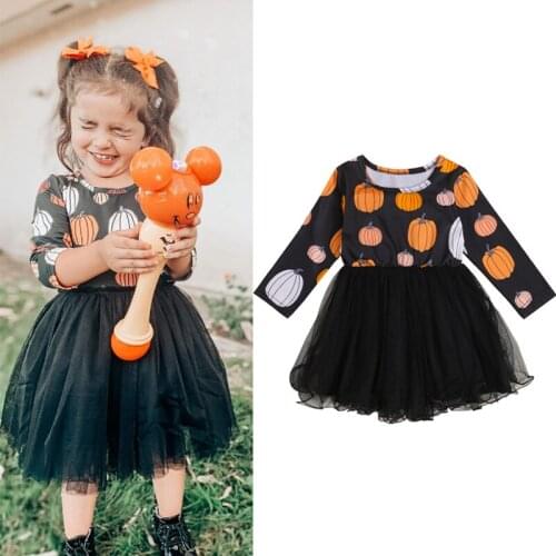 FOCUSNORM 0-4Y Halloween Kids Girls Princess Dress Pumpkin Printed Lace Patchwork Long Sleeve Tutu Dress