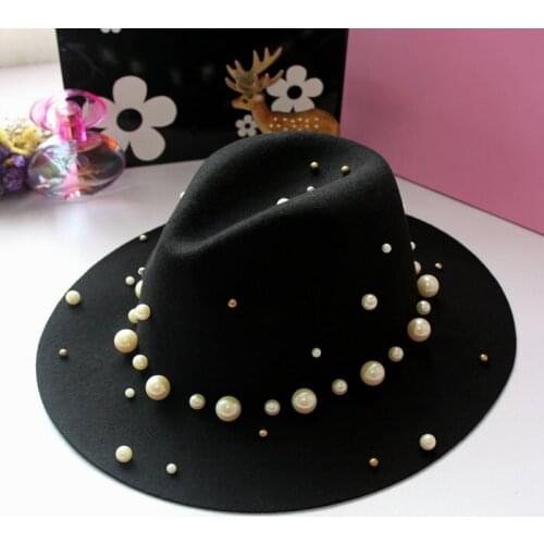 Fashion Pearl Beading Decoration Wide Brim Wool Felt Fedora Hat Women Chapeau Sun Caps SDDW021