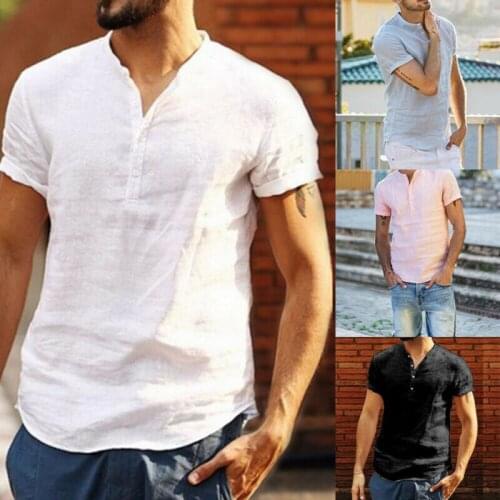 2019 Summer Mens Linen Short Sleeve V-neck Shirt Male Loose Solid Color Casual Shirts New Plus Size