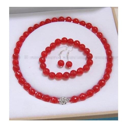 10mm Faceted Red Ruby Gemstones Round Beads Necklace Bracelet Earrings Set