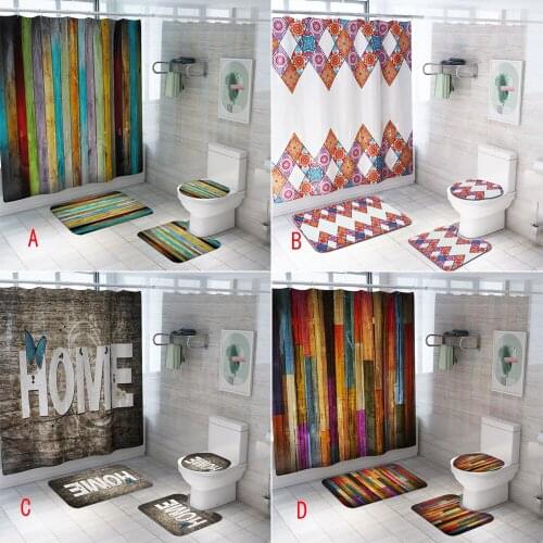 Color Wood Stripes Bathroom Set Waterproof Polyester Fabric Shower Curtain Anti Slip Rug Lid Toilet Cover Bath Mat Home Decor