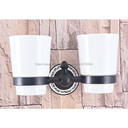Wall Mounted Oil Rubbed Bronze Double Cup Holder Toothbrush Holder with Two Glass Cups Rack Tumbler Holder Nba767