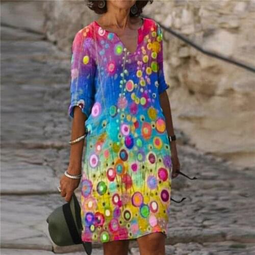 2021 New Color Matching Printed Patchwork V-neck Loose Dress Bamboo Retro Literary Round Neck Five-point Sleeve