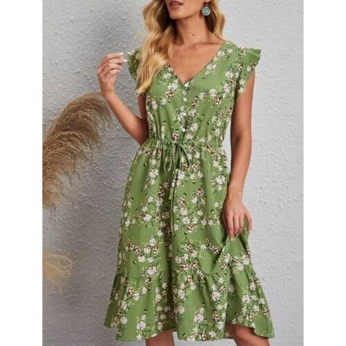 Ruffled Sleeveless Butterfly Print Sexy V-neck Summer Knee-Length Ladies Dress Office Lady Green Elegant Belt Women Dresses